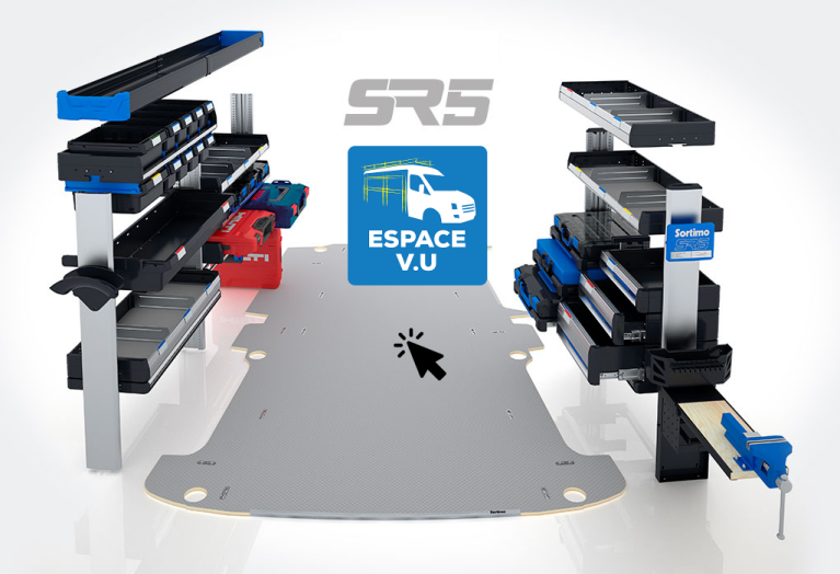 Aménagement métallique pour véhicule utilitaire professionnel avec le système d'agencement intérieur d'étagère modulaire SR5. Equipement de fourgon et fourgonnette d’entreprise et artisan par Espace V.U Sarl. Aménageur et distributeur exclusif Sortimo by Gruau pour camion et camionnette professionnelle à Bordeaux en Gironde 33, Charente 16, Charente-Maritime 17, Dordogne 24 et Lot-et-Garonne 47.
