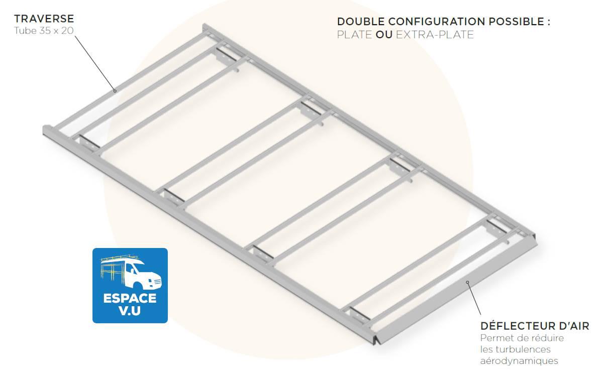 Barres de toit en aluminium pour véhicule utilitaire, transportez et arrimez facilement vos échelles et marchandises sur le toit du fourgon et de la fourgonnette des artisans et entreprises par Espace V.U Sarl. Vente directe usine de barres de toit en aluminium équipé d'un déflecteur, livrées en kit et à monter soi-même pour le pavillon de camion ou de camionnette professionnelle.