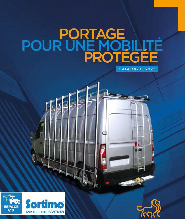 Catalogue de solutions de portage pour véhicule utilitaire, galerie en aluminium, galerie en acier galvanisé, pupitre latéral extérieur, berce-vitre, porte-verre, pupitre intérieur, chevalet, marchepied par Espace V.U Sarl, station Sortimo by Gruau.