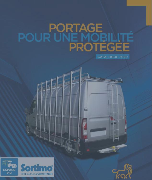 Catalogue de solutions de portage pour véhicule utilitaire, galerie en aluminium, galerie en acier galvanisé, pupitre latéral extérieur, berce-vitre, porte-verre, pupitre intérieur, chevalet, marchepied par Espace V.U Sarl, station Sortimo by Gruau.