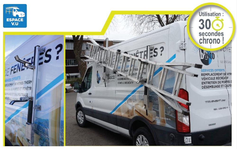 Porte-échelle latéral fixe, verrouillable, cadenassable pour véhicule utilitaire, pour l'équipement de fourgon et de fourgonnette par Espace V.U Sarl station Sortimo by Gruau à Bordeaux en Gironde, Charente, Charente-Maritime, Dordogne, et Lot-et-Garonne. Vente directe usine dans toute la France Métropolitaine.