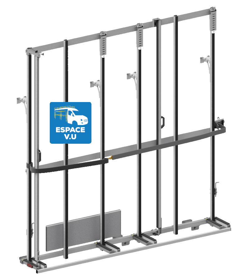 Porte-verre latéral, berce-vitre, pupitre pour véhicule utilitaire, transport, arrimage de châssis et portail. Équipement de camion et camionnette pour menuisier, fourgon et fourgonnette d’entreprise de menuiserie.