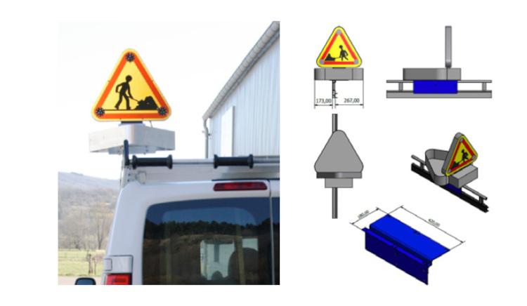 Support de triangle triflash à relevage électrique (platine de maintien) pour la galerie de toit en aluminium pour les véhicules utilitaires des artisans. Équipement de galerie pour fourgon et pour fourgonnette des professionnels.