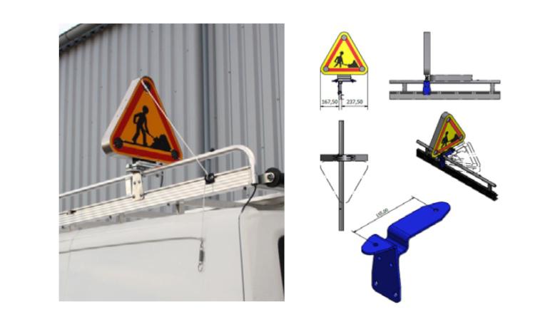 Support de triangle triflash à relevage manuel (platine de maintien) pour la galerie de toit en aluminium pour les véhicules utilitaires des artisans. Équipement de galerie pour fourgon et pour fourgonnette des professionnels.